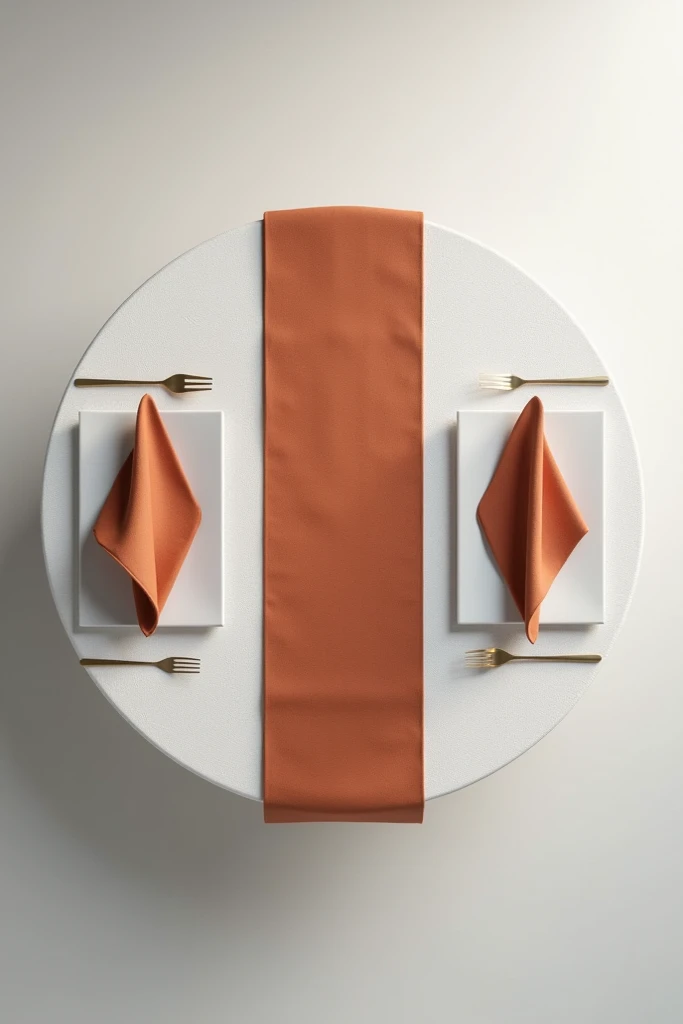 A table seen from above with plain white tablecloth and rust-colored table runner and rust-colored plain napkins. 