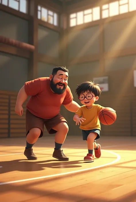 Create an image 45 years old man and his  son are playing basketball in the gym. His father is a little chubby and has combed his hair. His son wears round glasses. They are Mongolia