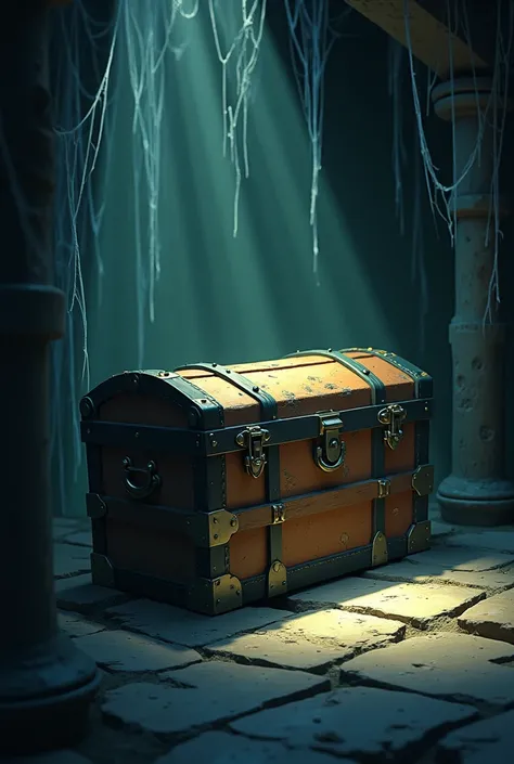 Generate in image 3d cartoon style 
A dusty, old trunk in the center of a dark basement. Cobwebs hang from the walls, and Aryans flashlight beam is focused on the trunk, highlighting its mysterious and aged look."