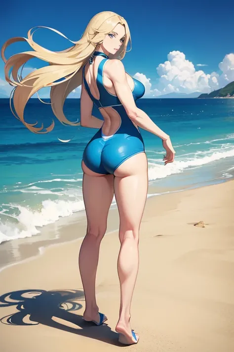  Extremely athletic and attractive twenty-eight year old woman ,  long blond hair  ,  big expressive light blue eyes  ,  athletic and extremely attractive body  , Light blue swimsuit  ,  full body  ,  with its back to the spectator ,  looking back ,  Looki...