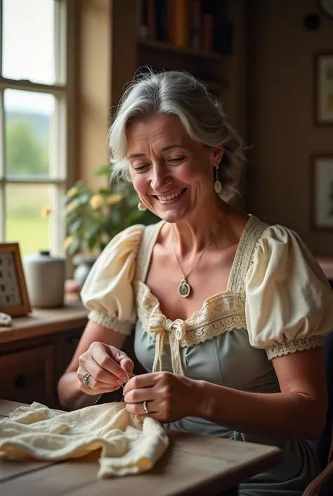 A Yorkshire woman with a bow and dress smiling while sewing 