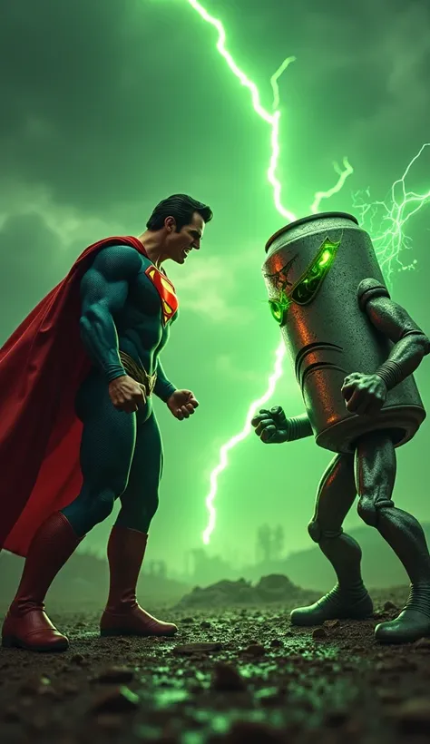 "Create a striking scene where an enraged Superman and a menacing nuclear drink tin face off against each other, both in a furious, aggressive stance. Superman should be depicted with his iconic, muscular form, standing tall with his fists clenched, cape b...