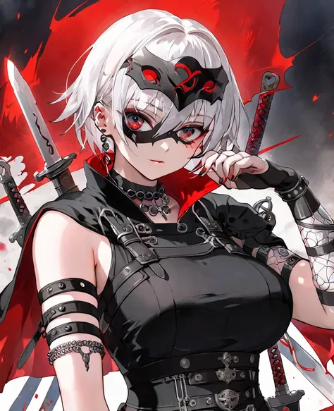 Girl, short white hair, piercing red eyes, wearing black half mask and a black cloak and bandolier with various knives on jt, wearing grey shirt, and a device on her arm with a spool of steel wire connecting to her fingertips and up her arm