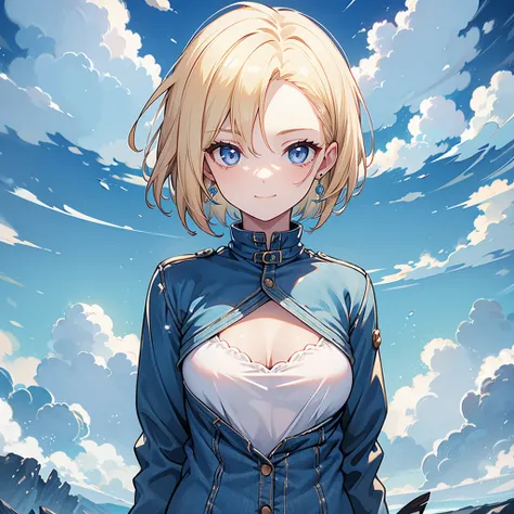  1 girl, Alone,  android 18,  blonde hair ,  blue eyes,  Shorthair,  jewelry,  earrings for a woman alone, smile,  jacket,  facing sideways , denim, denim  jacket,  upper body,  lingerie,  closed mouth, cloud, null, day,  facing sideways , blue null, 1 col...