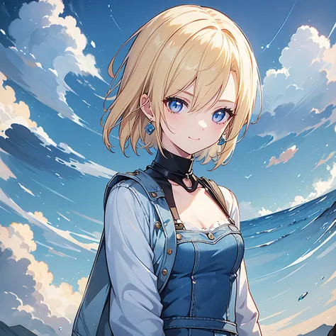  1 girl, Alone,  android 18,  blonde hair ,  blue eyes,  Shorthair,  jewelry,  earrings for a woman alone, smile,  jacket,  facing sideways , denim, denim  jacket,  upper body,  lingerie,  closed mouth, cloud, null, day,  facing sideways , blue null, 1 col...