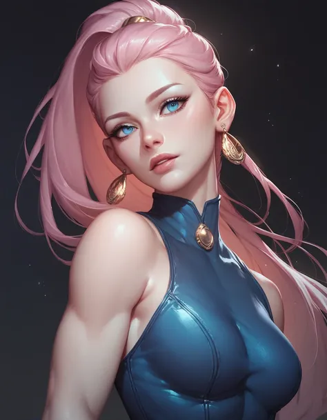 female sleeveless dark blue catsuit, bare shoulders, racerback, bare toned arms, beautiful faces, pink ponytail with showing forehead, long ponytail, earrings, soft smooth skin, pale skin, black background, blue eyes, sci-fi, high contrast