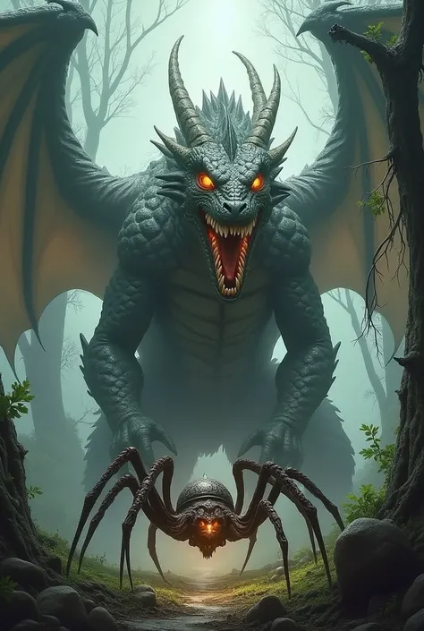 The dragon stands near the spider 