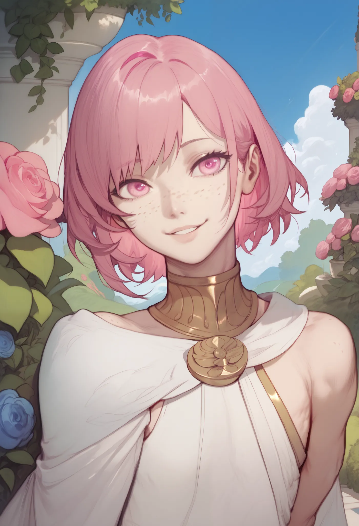 male, femboy, pink eyes, pink hair, bangs, freckles, pale skin, wearing Greek god clothes, in a beautiful garden, smiling, detailed, perfect art, best quality, high resolution, masterpiece 