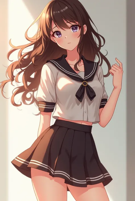  A beautiful girl with curly hair and brown, with attractive curves,  thin waist ,  big breasts, Thick thighs and dresses in mini skirts in anime she wears a schoolgirls uniform, She is tender she is a  teenager