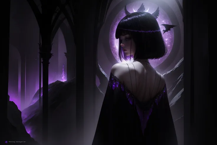 she has short hair, flowing raven-black hair (bangs) and pale, almost ethereal skin. Her eyes are a deep violet, giving her an otherworldly appearance. She dresses in flowing robes of dark purple and black, often adorned with symbols of the occultism, sexy...