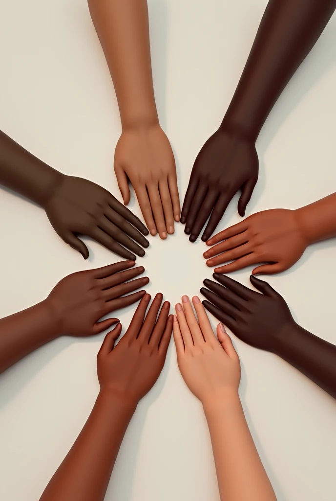 group of hands, each with a different skin tone, holding together to form a circle.