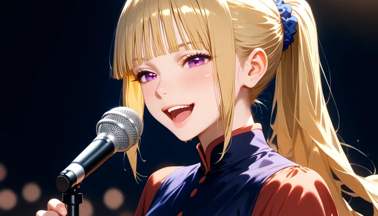 score_9, score_8_up, score_7_up, shiny skin, 1girl, KeiKaruizawa, Kei Karuizawa, bangs, blunt bangs, ponytail hair, long hair, violet eyes, blonde hair, blue scrunchie, sing, singing, open mouth, mic, Dress flowy, dress with bordir detail, ((cowboy shot, f...