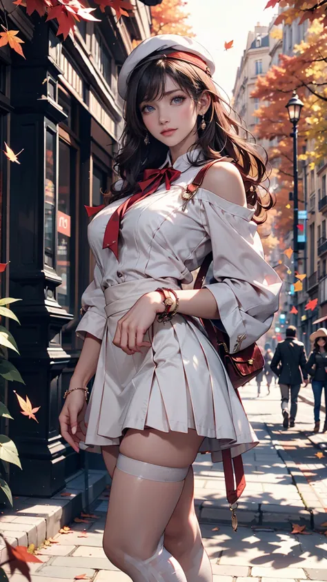 24 year old Caucasian female、 blue eyes、Eye Makeup、 lip gloss、 long lashes、 Silver Hair、 red beret 、 semi-long、 light pink blouse with frills、 high waist skirt 、 hang a pochette on your shoulder 、Stiletto heels、Paris、 Champs-Elysées in the World、Street tre...