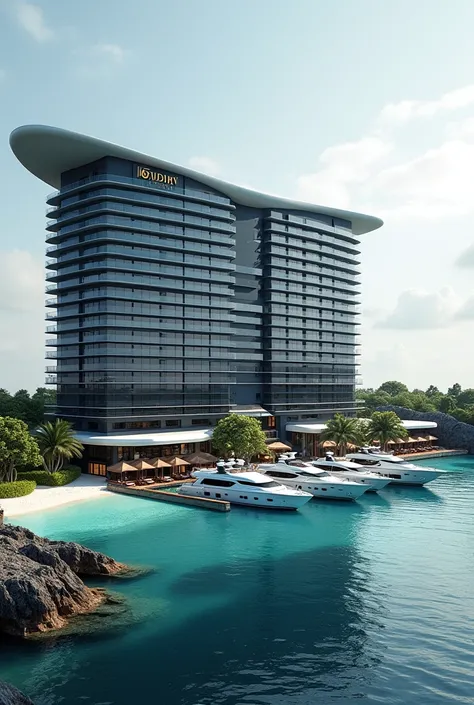 Created a Futuristic design Building with the logo RUSDHY HOTEL, pool and plans on roof top, Slight Variation of Grey and Navy color style on the wall, surrounded by many small, simple, thatched-roofed antique lagoon water villas granite rocky in the ocean...