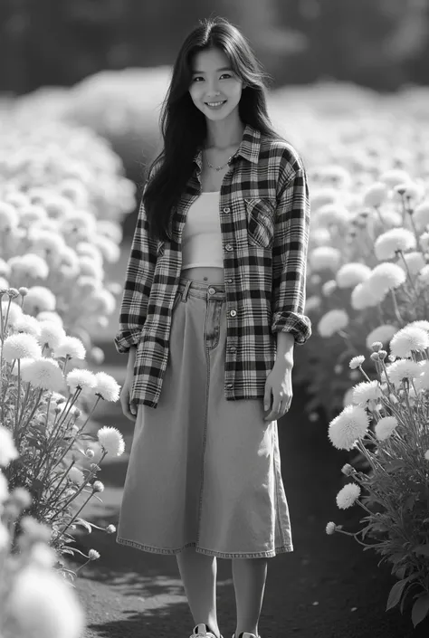 A Korean beauty wearing a flannel shirt  ,, wears long jeans skirt ,, posing in black and white Jordan shoes stands in an all-white flower garden