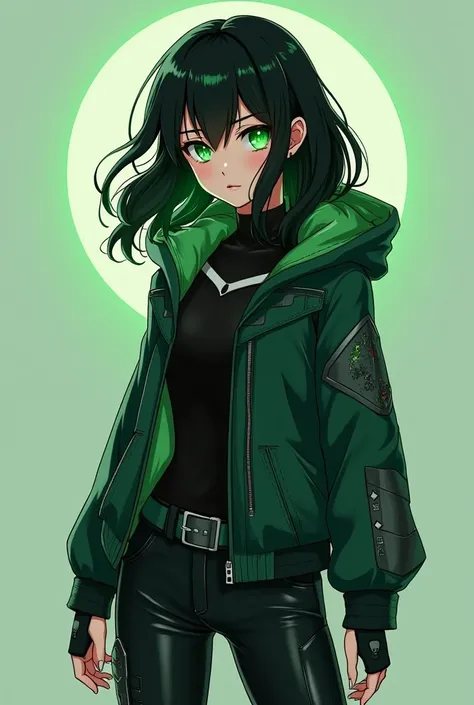  She generates a 17-year-old girl
Generate in anime style
Cabello: jet black,  but with emerald reflections that become more visible to the movement or Use His powers. The hair is long, slightly wavy,  and wears it loose with a casual but elegant style .
 ...