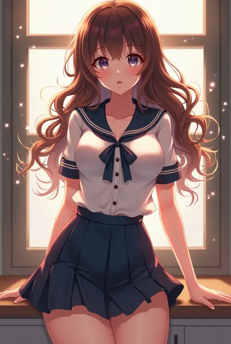  A beautiful girl with curly hair and brown, with attractive curves,  thin waist ,  big breasts, Very thick thighs and dresses in mini skirts in anime she wears a schoolgirls uniform, She is tender she is a  teenager