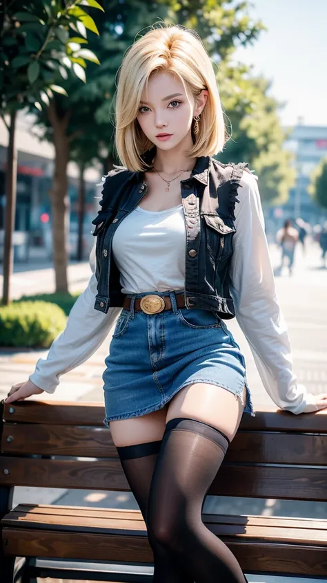 One girl,  Android 18, Blonde,  pretty and sexy girl, She wearing light blonde hair, Medium length shaggy cut hair, She have Very large breasts bouncing, Wearing a very short blue H-line denim skirt, Wearing a medium size of denim vest, The denim skirt and...