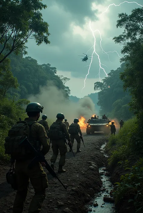 
" In a scenario of extreme war ,  visualize an intense battle between Brazilian and Venezuelan soldiers in a dense Amazon jungle.  The sky is covered with dark clouds ,  and lightning illuminates the environment ,  adding an atmosphere of tension . 

 Bra...