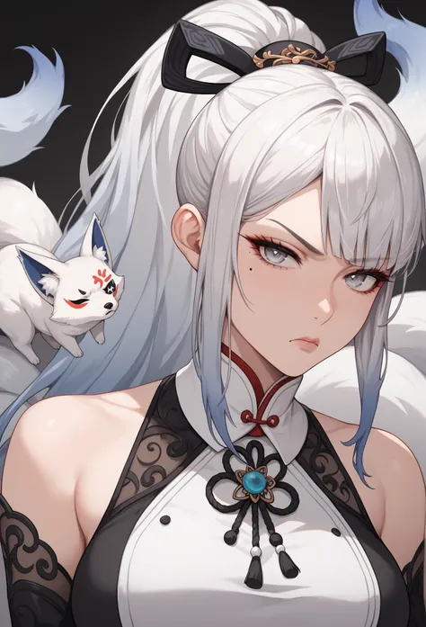 mixed_artwork style, (detailed eyes), (Mature woman), beautiful woman, medium breasts, white hair, bangs on eye, (gradient hair white to blue), Side bangs, ponytail, (black white dress), silver eyes, mole under eye, huge body, (annoyed gaze), kitsune ears,...