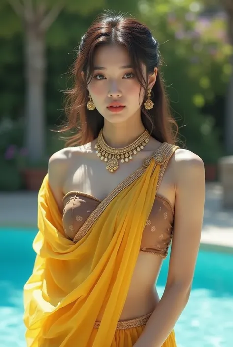 Wonyoung from IVE k-pop group in a browen & yellow transparent saree no blouse and heavy gold Indian jewellery ,open beutiful boobs & belly button,open beutiful Right legs। girl in sweeming pool sweem।