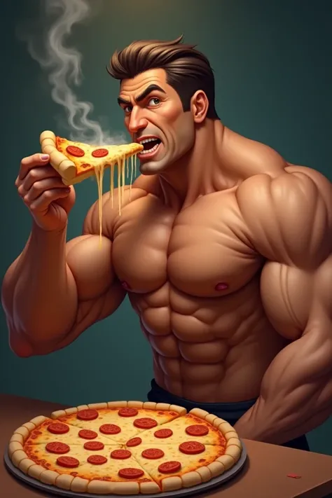 Make a man in good physical shape eating pizza 