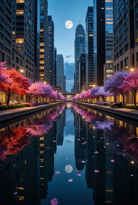 A stunning depiction of a modern cityscape with sleek, illuminated skyscrapers mirrored on a perfectly calm, glass-like body of water. The scene is set on a clear full moon night, with the moon casting a gentle, silvery glow over both the city and its refl...