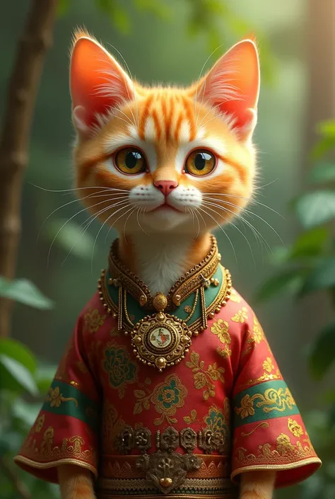 A cat dressed in traditional Ayutthaya-style Thai attire, wearing a necklace engraved with the text "6710310174."