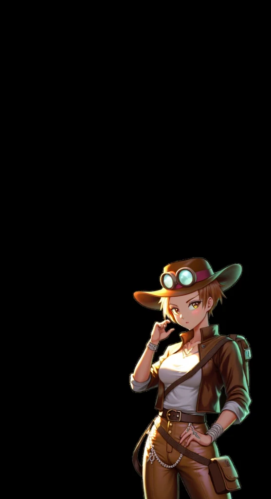 A female character blonde with indiana jones outfit totem environment anime art style