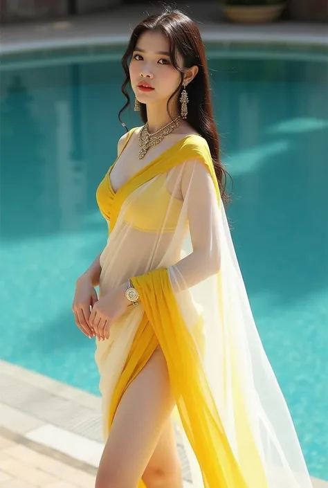 Wonyoung from IVE k-pop group in a white & yellow transparent saree no blouse and heavy gold Indian jewellery ,open beutiful boobs & belly button,open beutiful Right legs। girl in sweeming pool sweem।