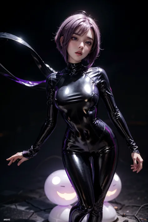 it shows a beautiful girl with short purple hair with a slim figure,  violet eyes,  a close up of a woman in a purple and silver...