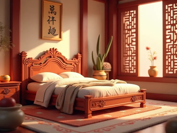  3D Cartoon Style , bed {x} Chinese ancient luxury bedroom, bed with light yarn around 。  wooden carved bed around 。 Thin 。 

