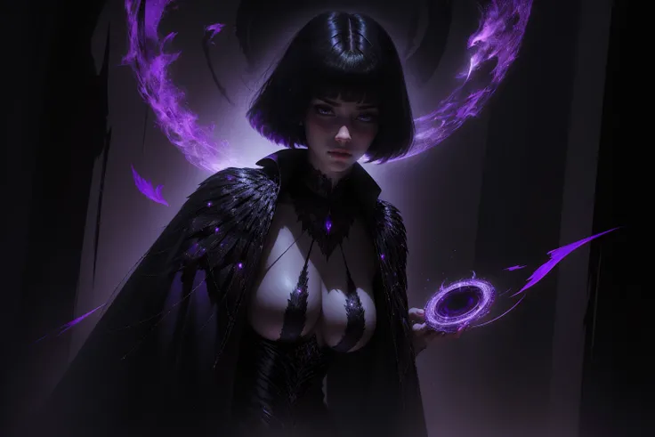 she has short hair, flowing raven-black hair (bangs) and pale, almost ethereal skin. Her eyes are a deep violet, giving her an otherworldly appearance. She dresses in flowing robes of dark purple and black, often adorned with symbols of the occultism, sexy...