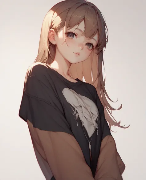 1girl. Cute girl, Anime image, cartoon drawing, seductive, average height, petite figure, brown long hair, oversized black t-shirt, sleeves covering entire arms and hands, black short, white background. front angle  