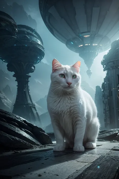 A white cat in a parallel universe, hyper detailed, cinematic, dramatic lighting, intricate sci-fi environment, neon lights, floating islands, alien architecture, glowing crystals, volumetric fog, futuristic, highly detailed, photorealistic, 8k, masterpiec...