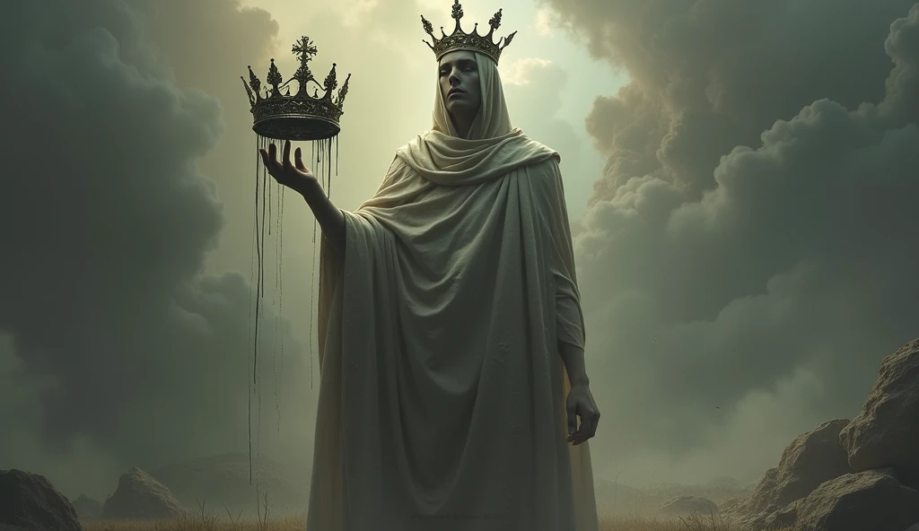 
" Show a human figure with a crown that ,  as the person holds it proudly , it begins to melt ,  represents the destructive power of pride .  The crown symbolizes pride and control ,  as the person slowly loses their humanity and connection with God. In t...