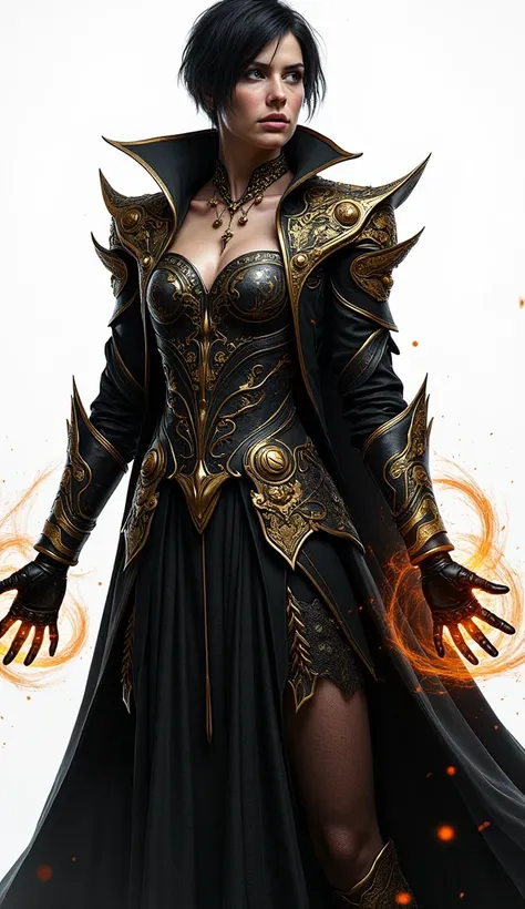 Epic, detailed digital character rendering of a tall (Evil:1.2) female battlemage. (Short dark hair:1.1), middle-aged with (light wrinkles:1.1), imposing and rugged look. Wearing a (very intricate dress:1.4) adorned with (elaborate patterns:1.3), layered b...