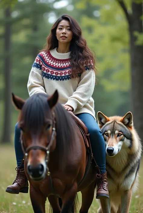 1girl, beautiful Japanese woman 40 year old,long and wavy hair,plump body,big breasts,very white skin,wearing a white red blue motif sweeter knit,skinny jeans and boots,his ride big horse accompanied by a big wolf on the green forests,high quality,clear ph...