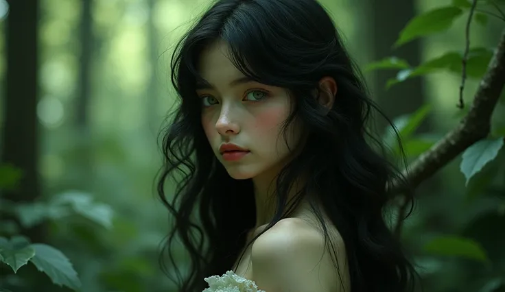 girl with straight black hair that reaches her waist, light jumbo skin with green eyes in the middle of the forest. drama and tension,