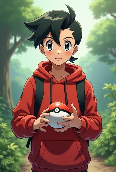 young male, trainer pokemon with pokeball, black hair, black eyes, red sweatshirt