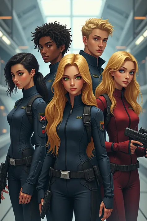 A team of agent twins for Japan Tech Smart. A healer for Ukraine teen, a Latina young woman, the Leader a blonde with green eyes. A British teen girl. A Africa American teen boy. And a blonde with blond eyes and cat teeth