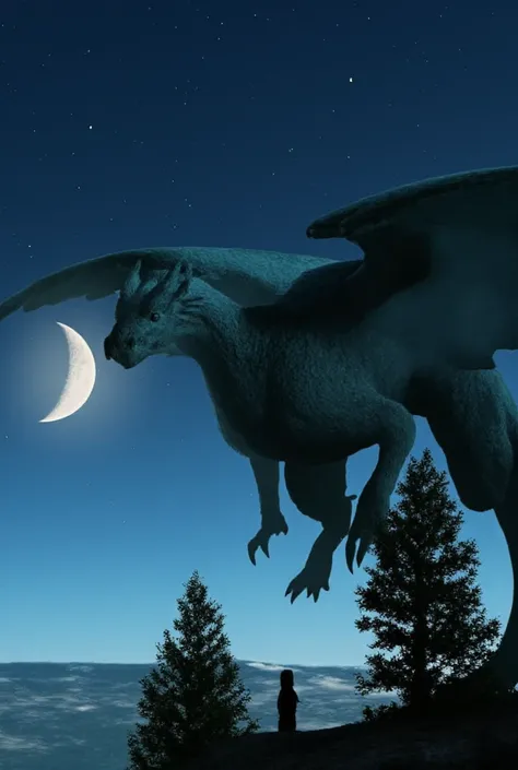  Western Dragon with wings in front flying in the sky, The moon in the background