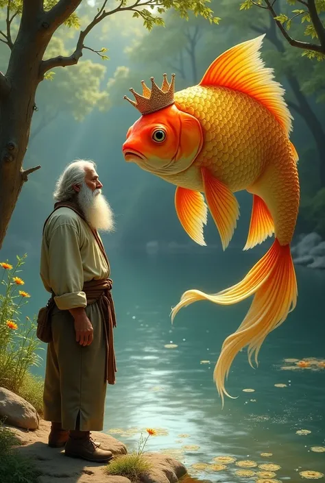 The Tale of the Fisherman and the Fish.  An old man with a long gray beard ,  dressed in a long shirt ,  tied with a belt , in wide-legged pants, bast shoes .  Asks the goldfish for a new trough.  A fish with gold-colored scales , crown on head.