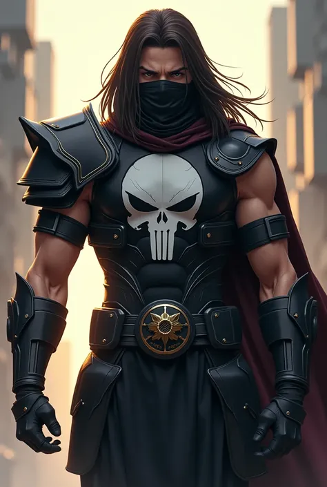  Man with long straight dark brown hair with light combat armor, chest straps, armbands, tight knee braces, shin guards, black metallic belt and on his chest he has the image of a white skull face.,  He also wears a black mask that covers half of his face ...