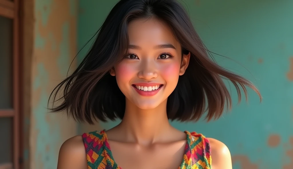 A  young Thai woman 20 years old with a joyful smile, short dark hair flowing down her shoulders. She wear a colorful top tank outfit with bold geometric patterns. 