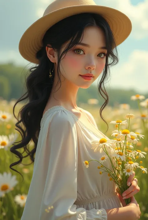 20 year old girl,  dark jet hair , bushy eyebrows and round face,  Snow-white skin, emerald green eyes , curvy and plump body.  She wears a white dress and a farm hat ,  on one hand she wears yellow flowers .