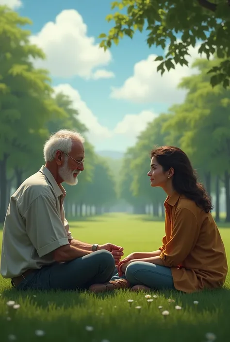 "The older man ,  with a serene and wise expression ,  she walks away as she says her last sentence to María, in the park. She is still seated , thoughtful,  looking at the horizon with a slight smile .  The background shows trees ,  grass and the clear sk...