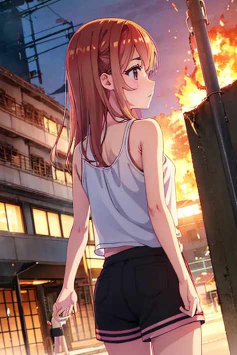 Sumi Sakurasawa、holding hundgun、at night、fence、1 girl、 cleavage、 Black Tank Top、 sexy black shorts、Turn around and show your butt、Infiltrate a military base、Military base exploding in flames、The building is on fire