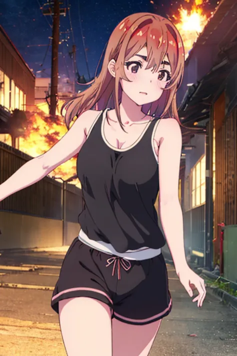 Sumi Sakurasawa、holding hundgun、at night、fence、1 girl、 cleavage、 Black Tank Top、 sexy black shorts、Turn around and show your butt、Infiltrate a military base、Military base exploding in flames、The building is on fire