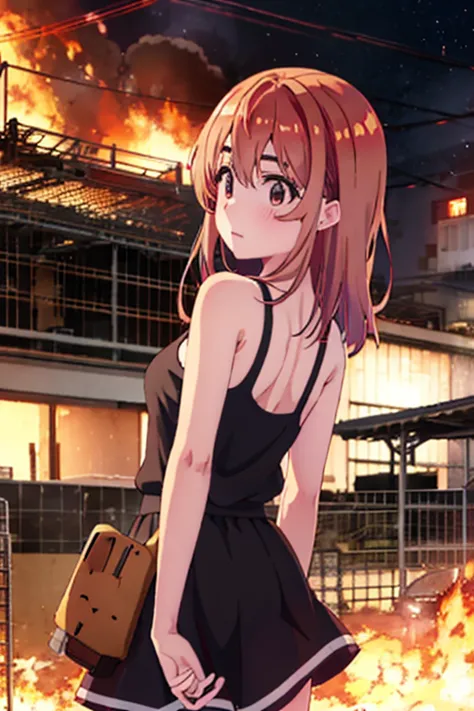 Sumi Sakurasawa、holding hundgun、at night、fence、1 girl、 cleavage、 Black Tank Top、 sexy black shorts、Turn around and show your butt、Infiltrate a military base、Military base exploding in flames、The building is on fire